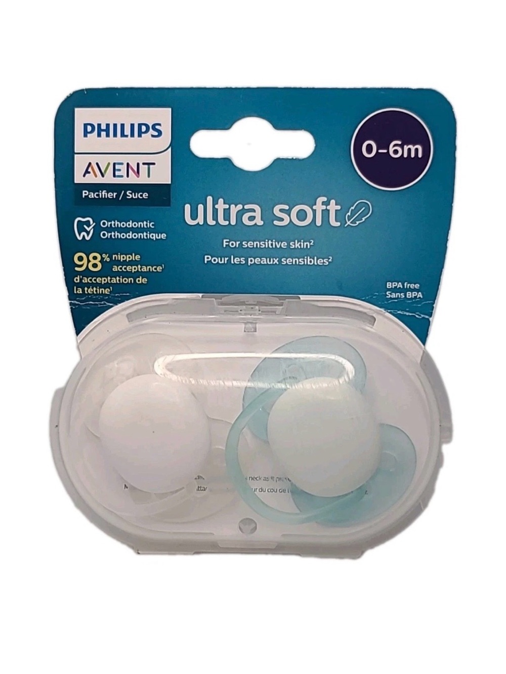 Philips Avent Ultra Soft Orthodontic Pacifiers White Blue 0-6m with Case NEW